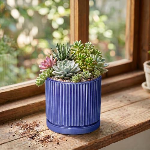 Ceramic Plant Pots 4 Inch, Round Planter with Saucer, Blue - Image 3