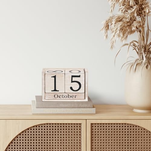 Wooden Block Calendar for Desk, Large Size Daily Desktop Perpetual Desk Calendar, Cute Date Display Desk Accessories for Home Office Decor, Teacher, Classroom, Reusable Yearly, Grey Beige - Image 2