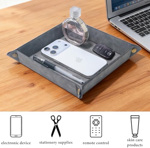 Valet Tray Desktop Storage Organizer – Premium PU Leather Catchall Bedside Vanity Tray Nightstand Caddy Holder for Remote Controller, Keys, Phone, Wallet, Coin, Jewelry,Grey - Image 5