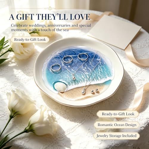 Ceramic Ring Dish, Ocean Resin Beach Wave Jewelry Tray, Gold Trim Small Jewelry Holder for Bathroom Sink, Nightstand, Trinket Dish for Rings Earrings (Y) - Image 7