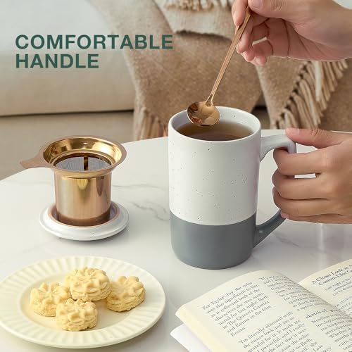 Gencywe Ceramics Large Tea Cup with Loose Leaf Infuser, Spoon and Lid, 16 oz Tall Coffee Mug, Microwave and Dishwasher Safe, Rustic Matte Ceramic Glaze, Tea Strainer (Gray) - Image 2