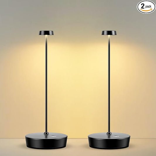 2Pack Cordless LED Table Lamp，Rechargeable Battery Operated Table Light, 3 Color Stepless Dimmable Table Lamp, Portable Table Light for Outdoor/Restaurants/Patio