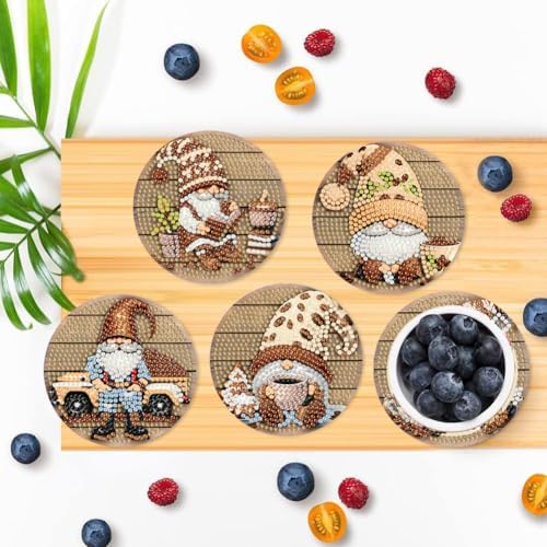 Clendo 8 Pcs 5D Diamond Art Coasters Kits with Holder, Gnome Coffee Diamond Painting Coasters Set for Adults, Small Mini Diamond Dots Kit for Beginners DIY Art Craft Home Decor - Image 3