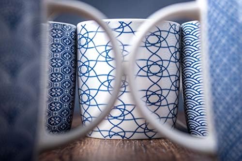 Set of 6 11.5 oz Coffee Mugs with Blue and White Geometric Patterns, Ceramic Tea Cup Set - Image 5
