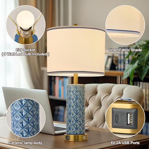 Set of 2 Table Lamp for Living Room Bedroom Farmhouse,26'' Touch Control Bedroom Aqua Blue Ceramic Lamps 3-Way Dimmable Bedside Lamps with USB A+C Ports Linen Shade for Home - Image 5