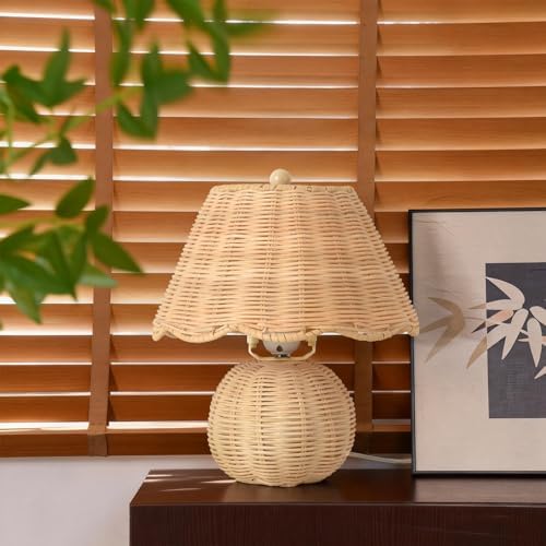 Rattan Small Bedside Mini Table Lamp for Bedroom,Boho Bedroom Lamps for Nightstand, Wicker Mini Table Lamps for Small Spaces with Scalloped Shade for Kitchen Counter, Bookshelf, Kids Dorm, Office by Unknown