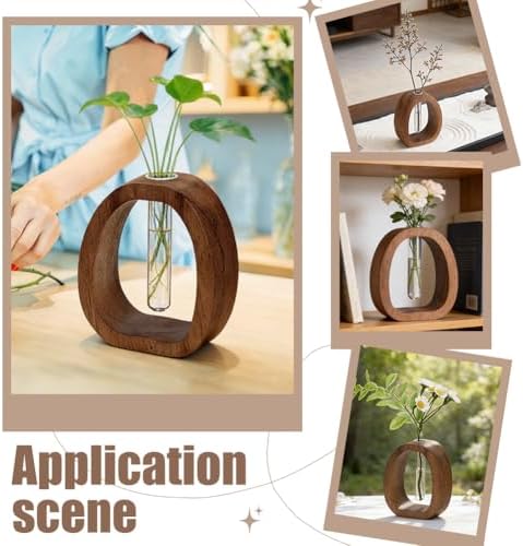 2 Sets Coconut Brown Wooden Frame and Glass Tube Vase for Hydroponic Plants Small Tabletop Propagation Vase with Test Tube for Home Office Desk Decor Modern Farmhouse Centerpiece - Image 5