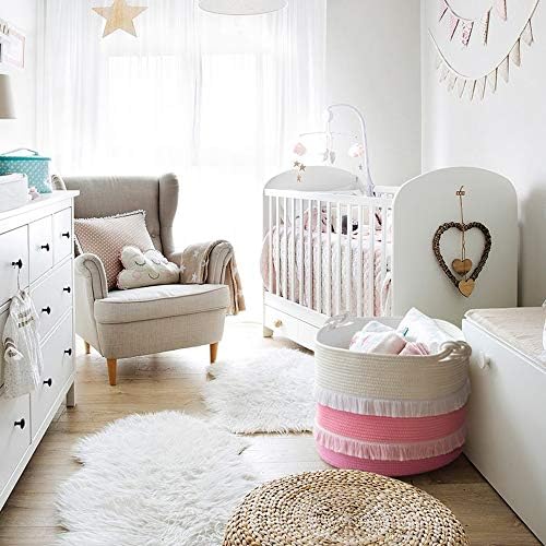 CherryNow 45L Woven Rope Baby Basket with Tassel, 16" x 13", Pink - Image 6