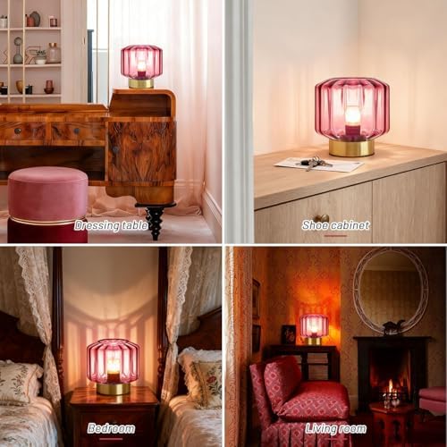 touch Table lamp Gold table lamps Mid Century Modern lamp nightstand lamp small vintage desk lamp metal table lamp with Purple Glass Ribbed shade Bedside table light for end table Bedroom Living Room - Image 4