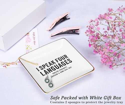 NZY I Speak Four Languages - Motivational Saying Trinket Tray Holder Ring Dish - Funny Sarcastic Dark Humor Gifts - White Elephant & - Image 2