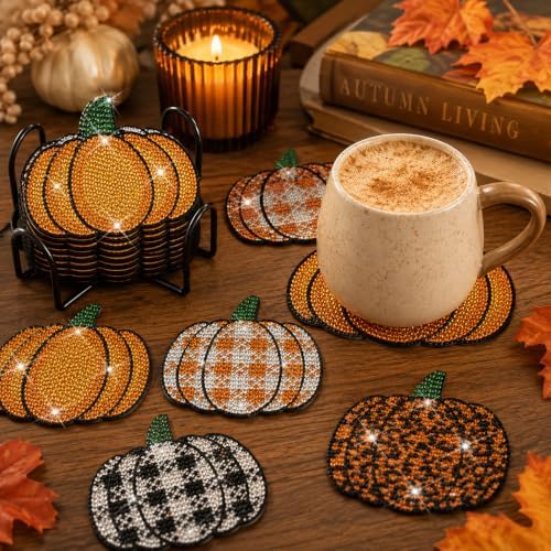 Demonwer 8 Pieces Fall Plaid Pumpkin Diamond Coasters with Holder DIY Cute Autumn Pumpkin Diamond Art Coasters 5d Diamond Coasters Round Cup Coaster for Fall Autumn Holiday Gift - Image 5