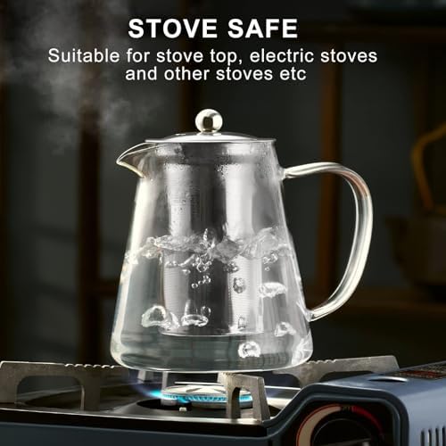PARACITY Glass Teapot Stovetop 44 OZ, Borosilicate Clear Tea Kettle with Removable 18/8 Stainless Steel Infuser, Teapot Blooming and Loose Leaf Tea Maker Tea Brewer for Camping, Travel (1300ml) - Image 4