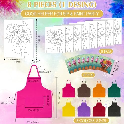 Cholemy 8 Set Paint and Sip Kit for Adults 8'' x 10'' Pre Drawn Canvas with Wooden Easels Acrylic Paint Brushes Wash Cup Palette Apron for Painting DIY Date Night Party Supplies(Flower Lady) - Image 2