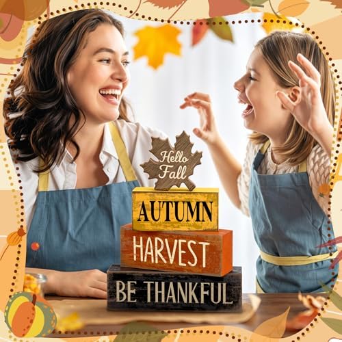 Moucuny 4 Pcs Fall Decor Wooden Maple Leaf Thanksgiving Tiered Tray Decor - Image 4