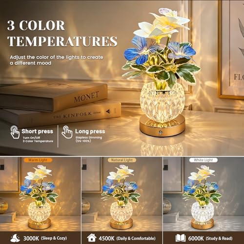 Flower Table Lamp, 3 Colors Touch Stepless Dimming Orchid Night Light, Rechargeable Artificial Flower Light, LED Flower with Vase Lamp Romantic Decor for Date Party Home (White - Cymbidium) - Image 3