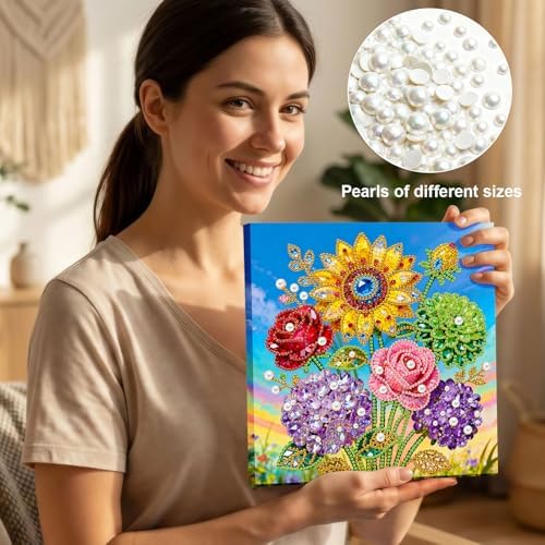 Xylzzuit Pearl Painting Kit with Frame 9.84x9.84IN Colorful DIY Gemstone Pearls Beads Art Craft for Adults Home Desktop Wall Decor (Flower02) - Image 3