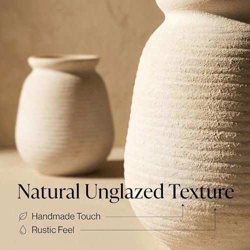 Rustic Terracotta Pot, 7 Inch Short Farmhouse Vase with Weathered Texture Vintage-White, Boho Home Decor for Pampas Grass, Tabletop, Mantel and Shelf Styling - Image 3