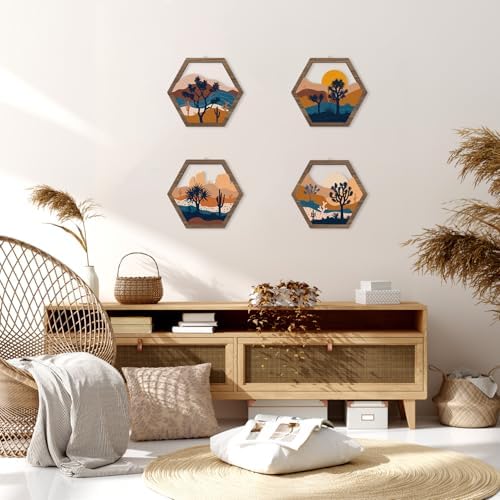 HPNIUB 4 Pcs Boho Mountains Scenery Wall Art Decor, Farmhouse Abstract Sunrise Trees Desert Cactus Hanging Wood Sign for Living Room, Aesthetic Bohemian Botanical Wooden Plaque for Apartment Bedroom(11''x9.8'') - Image 7