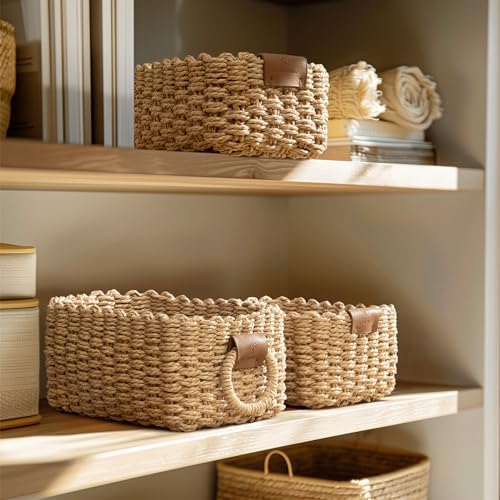 La Jolie Maison Small Sand Wicker Baskets Set of 3, Paper Rope Storage Baskets with Handle, Small Woven Baskets for Organizing, Decorative Cute Baskets for Gifts - Image 3