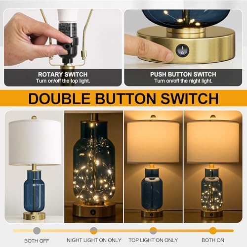 Oneach 22" Glass Table Lamps Set of 2 with LED Nightlight for Bedroom, Blue - Image 4