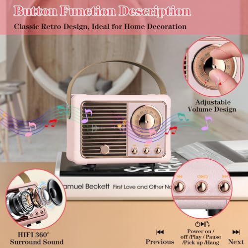 Retro Bluetooth Speaker, Vintage Decor, Wireless Portable Mini Bluetooth Speaker, Small Cute Old Fashion Style for Home Bedroom Kitchen Desk Party Outdoor Gift Ideas - Pink - Image 3