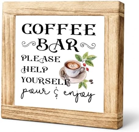 Coffee Bar Help Yourself Wood Sign, Pour And Enjoy Coffee Station Decor, Vintage Cafe Kitchen Plaque, Rustic Counter Shelf Accent For Pantry Breakfast Nook Home Office, 5.9 x 5.9 in by Unknown