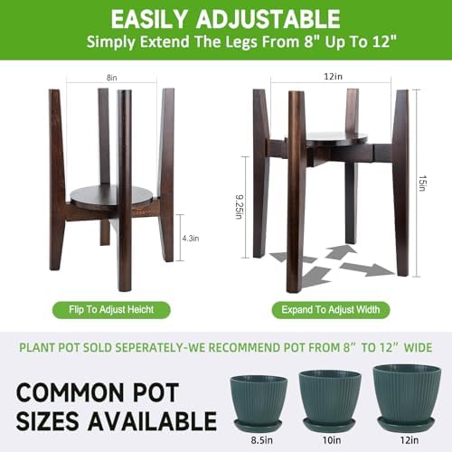 Adjustable Plant Stand with Tray,Indoor Wood Plant Stand Fit 8'' to 12'' Planter,Mid Century Modern Flower Pot Holder Rack(Plant and Pot Not Included) - Image 3