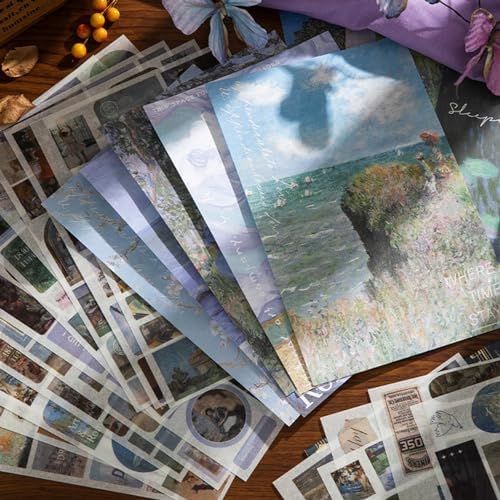Vintage Scrapbook Stickers, 50 Sheets Aesthetic Oil Painting Sticker Book for Adults with 450pcs Washi Stickers and 20 Sheets Scrapbook Paper Ephemera Sticker Book for Junk Journal Journaling Supplies - Image 2