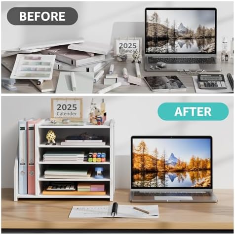 4-Tier White Wood Desk Paper Organizer, Modern Desktop Letter Tray for File Folders, White Office Desk Shelf Accessories & Workspace Organizers for A4 Documents, Sturdy Wood Sorter - Image 3