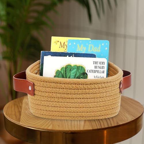 ABenkle Small Storage Basket, Mini Baskets, Cute Rope Woven Baskets for Organizing, Square Shelf Storage with Handle, Boho Decorative Toy Bin for Nursery, Spa, Empty Gift Basket - XS, Brown - Image 3
