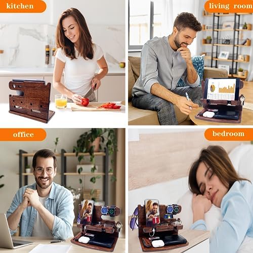 VEIYAILU Gifts for Men Women Dad Husband Son Boyfriend Him Desk or Nightstand Organizer Birthday Gifts Wood Phone Docking Station Anniversary Idea from Wife - Key Holder, Watch (Dark Brown) - Image 2