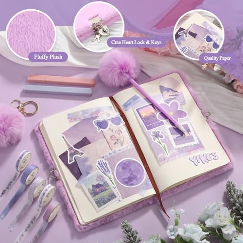 Janlaugh DIY Journal Diary with Lock Pack Scrapbook Kit, Purple, Plush - Image 3