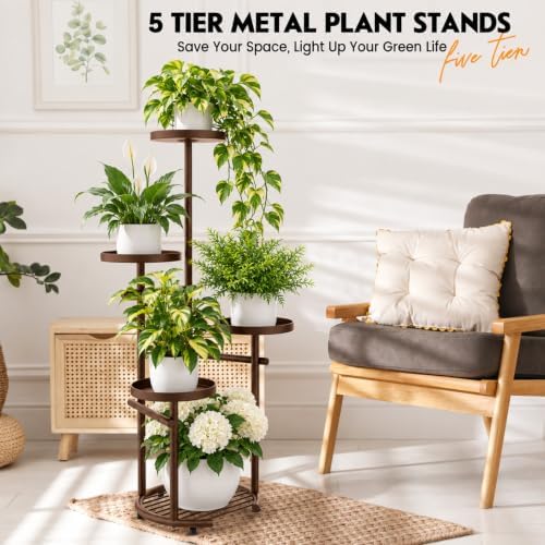 TOSKING Tall 5-Tier Round Metal Corner Plant Stand Indoor, Anti-Tip, Brown - Image 2