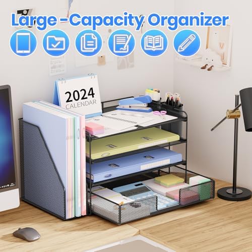 OPNICE Desk Organizer, 4-Tier Desktop File Organizer with Drawer and Pen Holders, Office Desk Accessories, File Sorters, Workspace Organizers for Office Supplies(Black) - Image 6