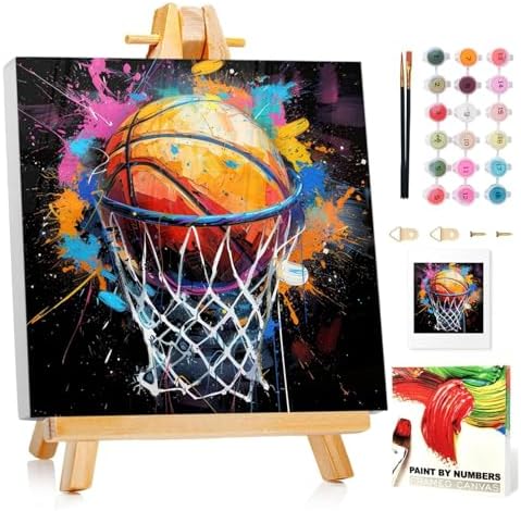Basketball Paint by Numbers Kit for Kids, with Frame and Easel, 8x8 inch by MANDUN