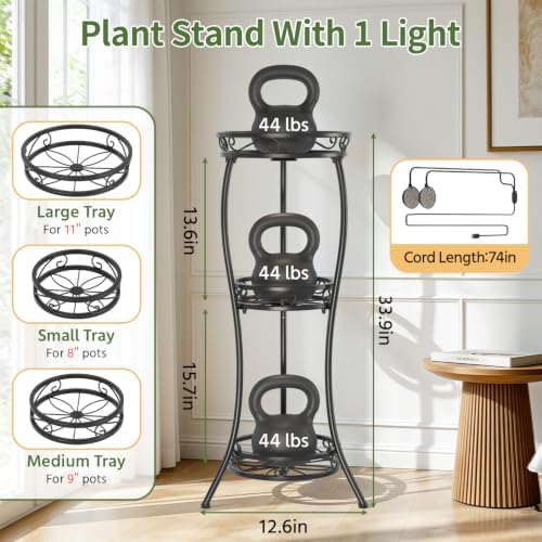 LASZOLA 3 Tiers Metal Corner Plant Stand Tall with Light for Indoor Outdoor - Image 2