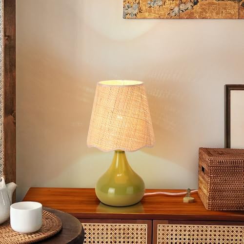 Ziqqeelam Green Cute Small Boho Table Lamp for Bedroom Bedside, Green Lamps for Nightstand, Scalloped Rattan Shade Table Lamps for Small Spaces for Bedroom, Home Office, Living Room, Kids Dorm - Image 6