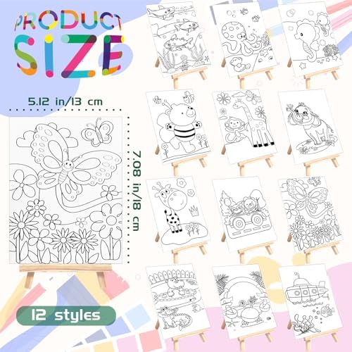 48PCS 12 Sets Printed Canvas Paint Art 12 Pcs Wooden Easel Set Paint Pots and Brushes and 12 Pre Drawn Canvas Panel 12 Pcs Mini Apron and Tote Bag for Kids(Animal) - Image 2