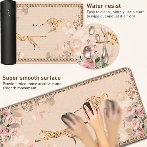 Cheetah Desk Mat, Tan Floral Vintage Rug XXL Mouse Pad 35.4x15.7in - Image 4