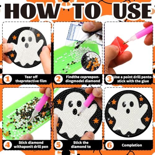 8 Pcs Halloween Diamond Art Coasters with Holder Ghost Pumpkin Craft Kit - Image 3