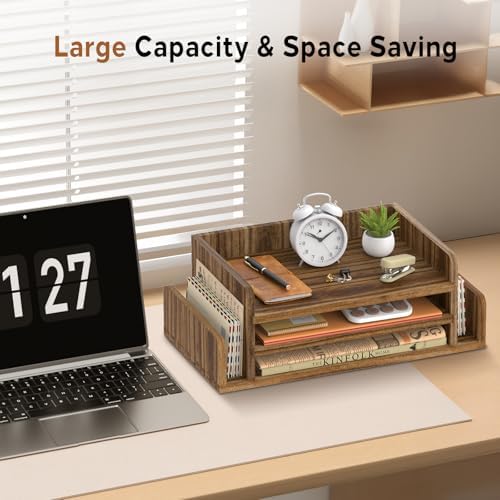 Wooden Desk Organizer, 3-Tier Paper Trays with 2 Mail Sorters, Dark Brown - Image 7