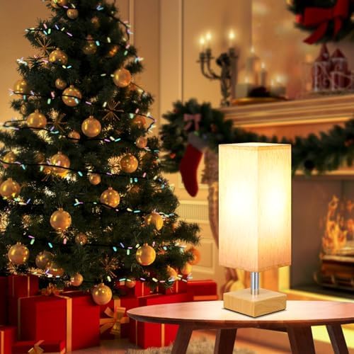 Wood-Grain Small Bedside Lamp for Bedroom - Square Cream Fabric Shade - Image 7