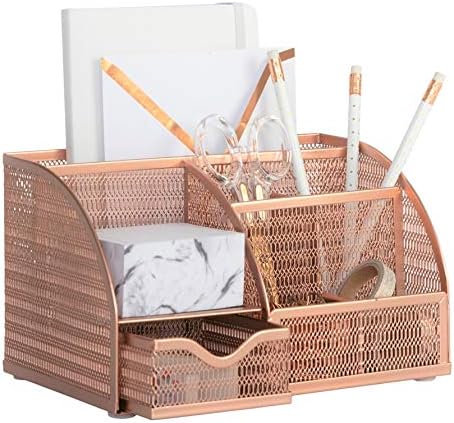 BLU MONACO Rose Gold Mesh Metal Desk Organizer with Drawer – 6 Compartments for Office Supplies & Accessories by Blu_Monaco