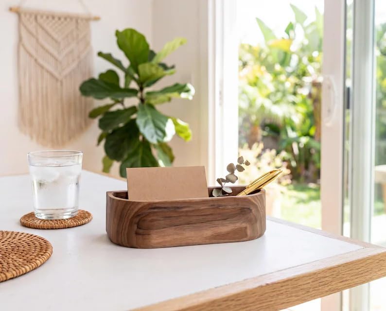 Natural Walnut Wood Desk Caddy, Minimalist Open Storage Organizer Tray for Business Cards Pens Small Office Desktop Accessories, Mid-Century Tabletop Wooden Catchall Holder for Home Office Workspace by Unknown