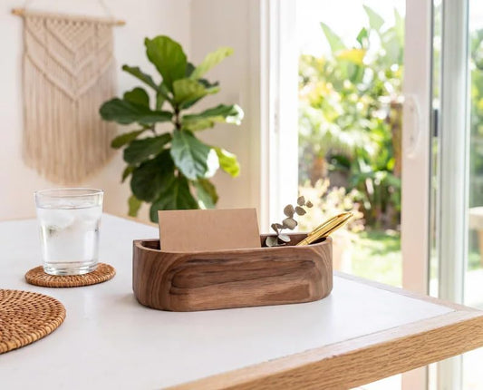 Natural Walnut Wood Desk Caddy, Minimalist Open Storage Organizer Tray for Business Cards Pens Small Office Desktop Accessories, Mid-Century Tabletop Wooden Catchall Holder for Home Office Workspace by Unknown