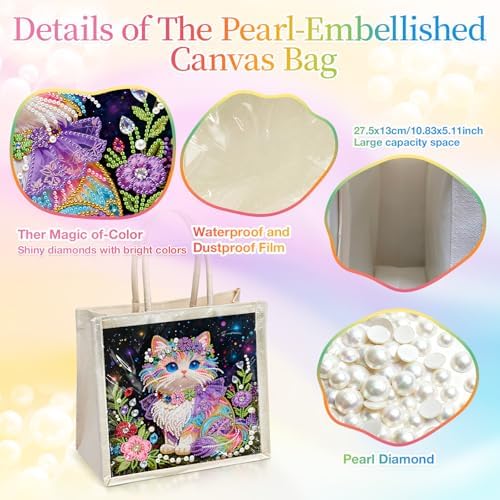 Xylzzuit DIY Pearl Painting Canvas Tote Bag Kit 11.42IN Diamond Art Handbag for Women Shopping Grocery Bag Dots Beads Art Craft Gift (Cat) - Image 6