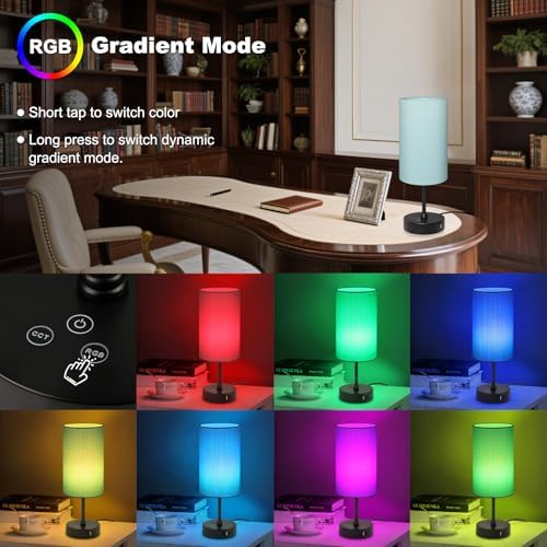 Unicozin Table Lamp for Bedroom, 3 Color Temperatures, 7 RGB Colors, Adjustable Brightness, Dual USB Charging Ports, Ambience Nightstand Light with Blue Shade, Desk Lamp for Kids Reading Home Office - Image 3