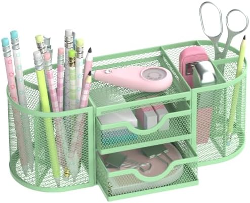 SUPEASY Mesh Desk Organizer, Pen Holder for Desk with 2 Drawers, MintGreen by SUPEASY