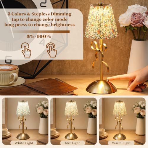 Liliful 2 Pcs Cordless Table Lamp LED Touch, Gold, Floral Style Bow - Image 4