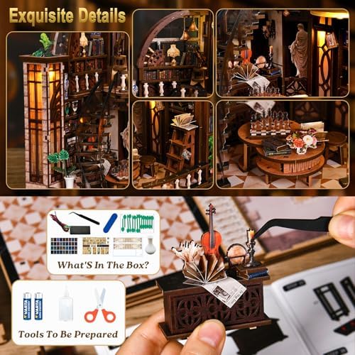DIY Miniature House Kit, 3D Wooden Puzzle for Adults, Book Nook Kit with Touch LED Light, Library Bookshelf Insert, Creative Hobby Craft Gift for Bibliophiles (Bacchus Bookstore) - Image 6